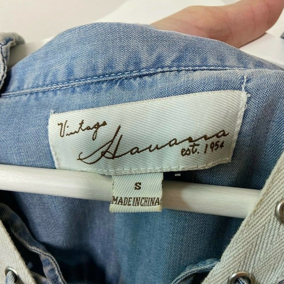 Vintage Havana Distressed Lace Up Yoke Chambray Shirt - Picture 8 of 8